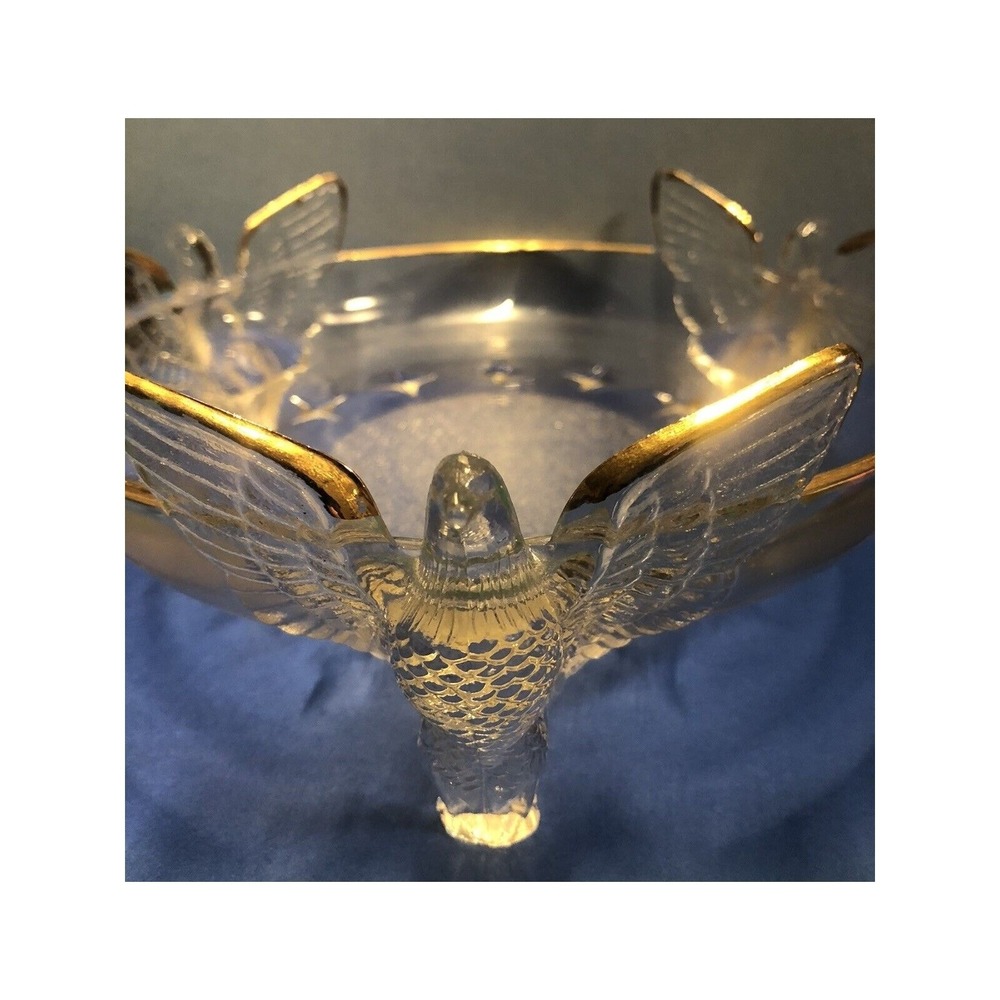 Glass Candy Dish Bowl American Eagle 3-Footed Embossed Stars Gold Trim Vintage - Picture 13 of 13